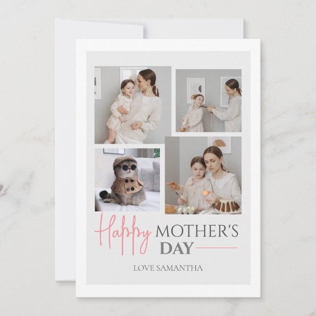 Simple Elegant Pink Four photo Happy mothers Day  Holiday Card (Front)