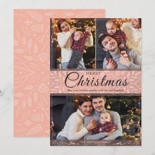 Simple Elegant Pink Frame 3 Photo Christmas Holiday Card
