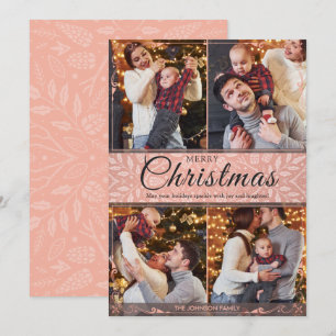 Simple Elegant Pink Frame 4 Photo Christmas Holiday Card