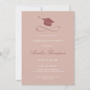 Simple Elegant Pink Grad Cap Party Graduation Invitation