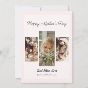 Simple Elegant Pink Happy mothers Day Three photo Holiday Card
