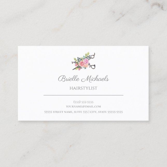 Simple Elegant Pink Rose Scissors Hair Stylist Business Card (Front)
