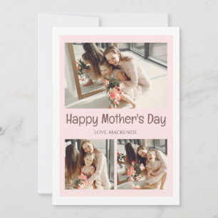 Simple Elegant Pink Three photo Happy mothers Day Holiday Card