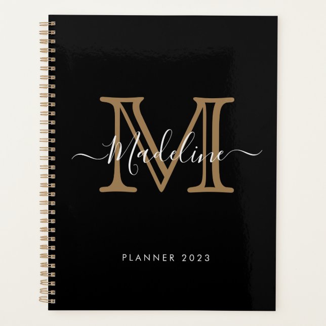 Simple Elegant Professional Black Gold Monogram Planner (Front)