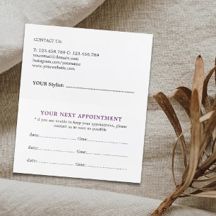 Simple Elegant Purple White Beauty Salon Appointment Card