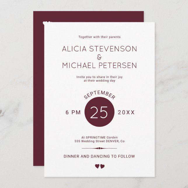 Simple elegant red burgundy and white wedding invitation (Front/Back)
