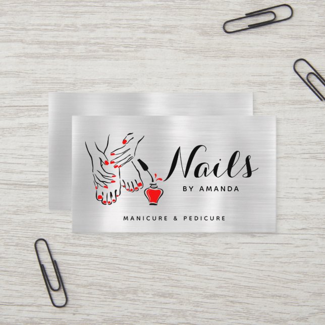 Simple Elegant Red Nails Luxury White Shiny Business Card (Front/Back In Situ)