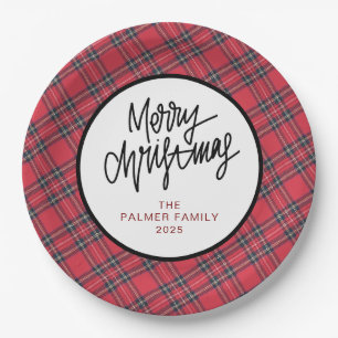 Simple Elegant Red Plaid Christmas Family Name Paper Plate
