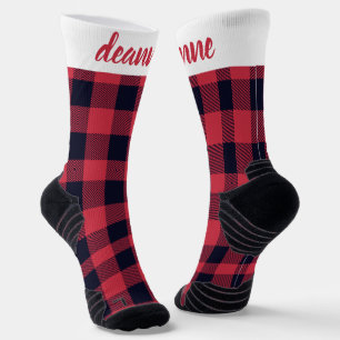 Simple Elegant Red Plaid Christmas Family Socks