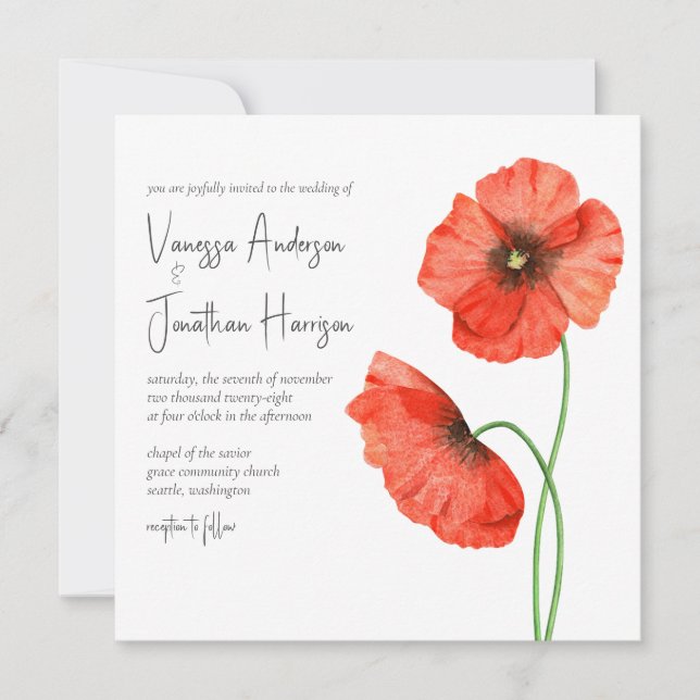 Simple Elegant Red Poppy Floral Stylish Script Invitation (Front)
