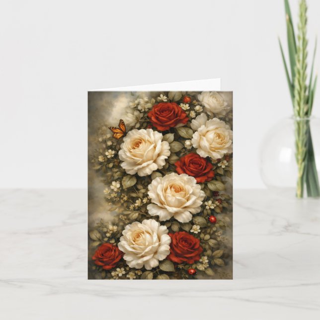 Simple Elegant Red & White Roses Blank Note Card (Front)