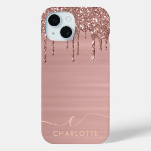 Simple Elegant Rose Gold Glitter Drip Custom Name  iPhone 15 Case