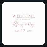 Simple Elegant Rose Gold Wedding Welcome Square Sticker<br><div class="desc">This simple elegant rose gold wedding welcome square sticker is perfect for your classic modern minimalist rose gold wedding. Design features classic vintage minimal chic contemporary blush gold font and delicate romantic formal calligraphy. It's excellent for spring, summer, fall, or winter luxury weddings. Keep it as is, or choose to...</div>