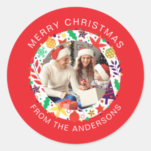 Simple Elegant Round Christmas Photo Family Name Classic Round Sticker