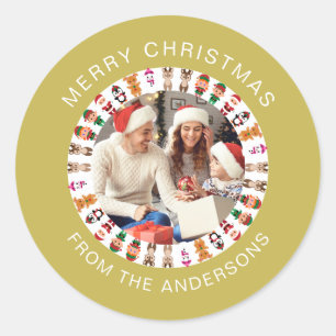 Simple Elegant Round Christmas Photo Family Name Classic Round Sticker