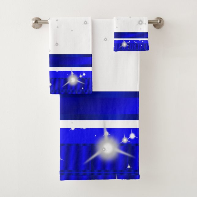 Simple Elegant Royal Blue and White Geometric Bath Towel Set (Insitu)
