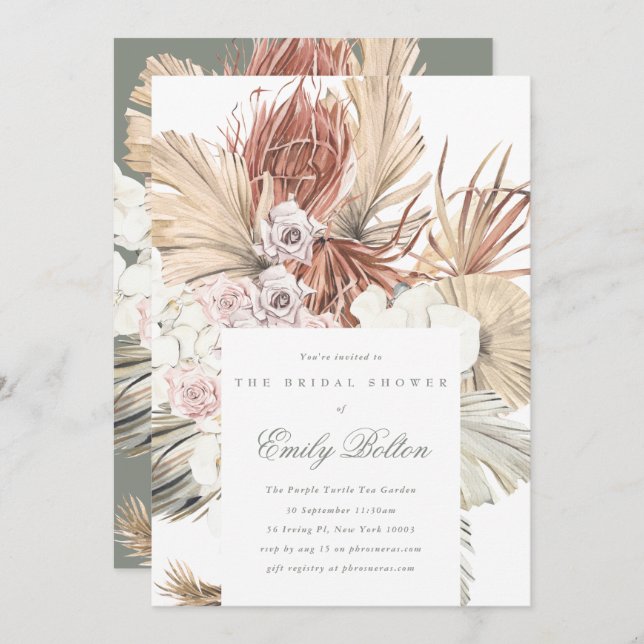 Simple Elegant Sage Floral Moss Green Pampas Boho Invitation (Front/Back)
