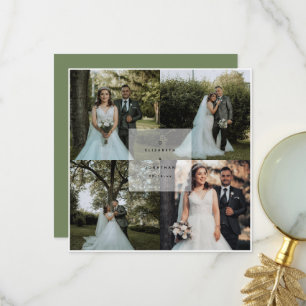 Simple Elegant Sage Green 4 Photo Collage Wedding Thank You Card