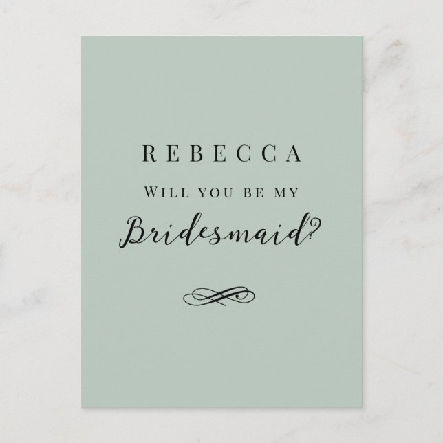 Simple elegant sage green Bridesmaid Proposal Postcard (Front)