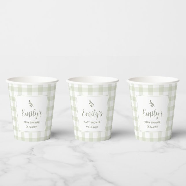 Simple Elegant Sage Green Gingham Baby Shower Paper Cups (Multi)