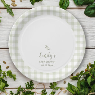 Simple Elegant Sage Green Gingham Baby Shower Paper Plate