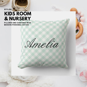 Simple Elegant Sage Green Gingham Script Name Throw Pillow