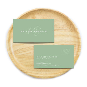 Simple Elegant Sage Green Minimalist Monogram Business Card