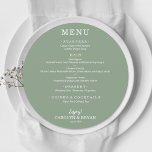 Simple Elegant Sage Green Round Wedding Dinner Menu<br><div class="desc">A round dinner menu card on sage green (or any colour) and chic lettering in white displays your menu choices. Perfect for a modern wedding reception, wedding rehearsal dinner, anniversary party or any special event with a sit down dinner. Choose ANY COLOR BACKGROUND, any COLOR TEXT, any FONT! Easily personalize...</div>