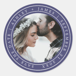 Simple Elegant Save the Date Wedding Photo Blue Classic Round Sticker