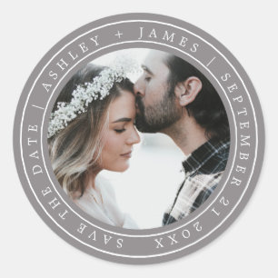 Simple Elegant Save the Date Wedding Photo Grey Classic Round Sticker