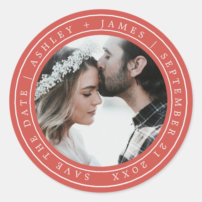 Simple Elegant Save the Date Wedding Photo Red Classic Round Sticker (Front)