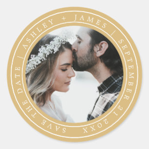 Simple Elegant Save the Date Wedding Photo Yellow Classic Round Sticker