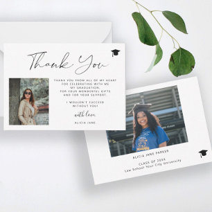 Simple elegant script 2 photo graduation thank you card