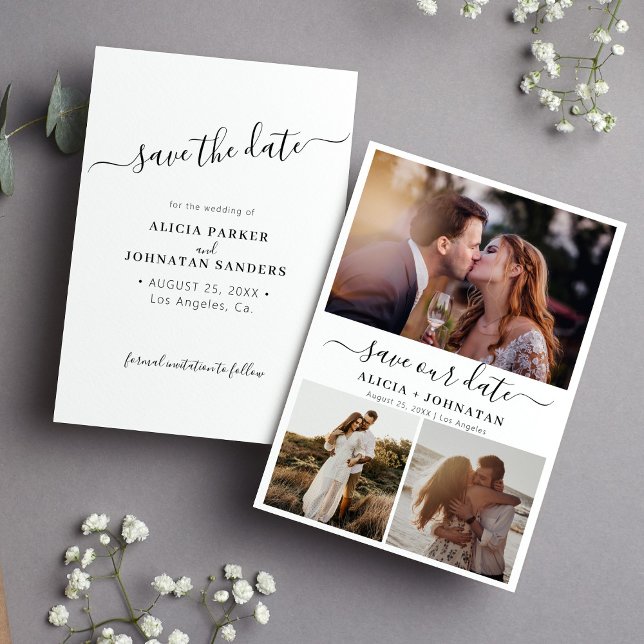Simple elegant script 3 photo collage wedding save the date (Creator Uploaded)