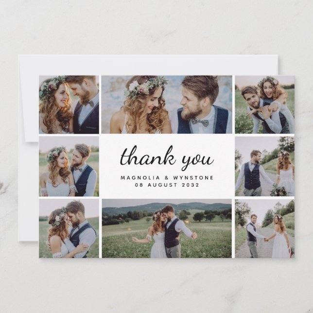 Simple Elegant Script 7 Photo Wedding Thank You Card (Front)