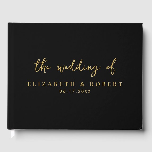 Simple Elegant Script Black Gold Wedding Guest Book (Front)