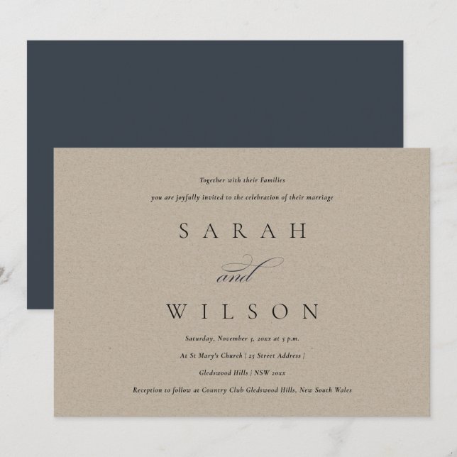 Simple Elegant Script Black Kraft Wedding Invite (Front/Back)