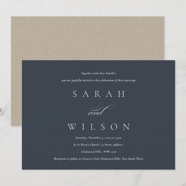 Simple Elegant Script Black Navy Wedding Invite (Front/Back)