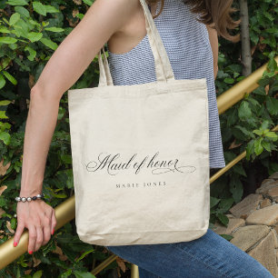 Simple Elegant Script Black & White Maid of Honour Tote Bag