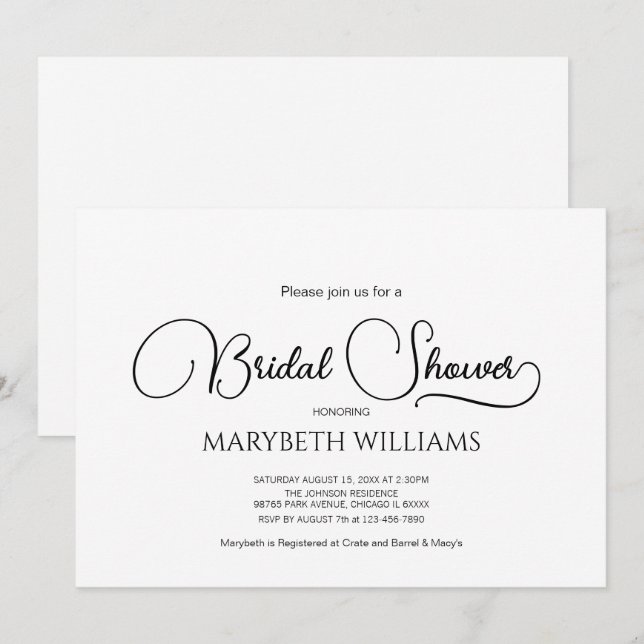 Simple Elegant Script Bridal Shower  Invitation (Front/Back)