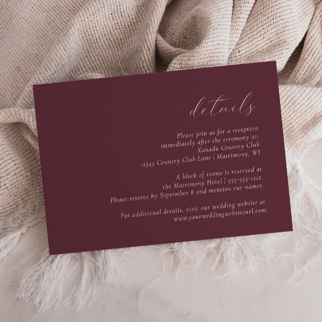 Simple Elegant Script Burgundy Wedding Details Enclosure Card (Creator Uploaded)