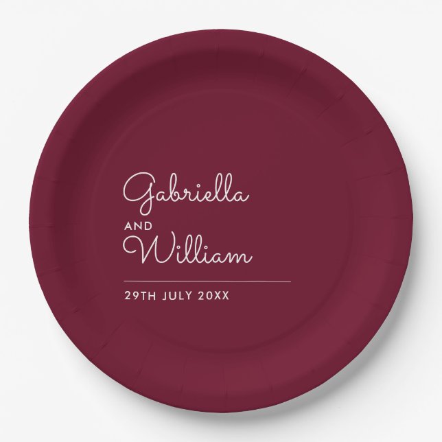 Simple Elegant Script Burgundy Wedding Paper Plate (Front)