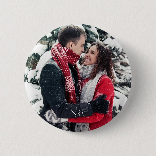 Simple Elegant Script Couple Photo and Initials 2 Inch Round Button (Front)