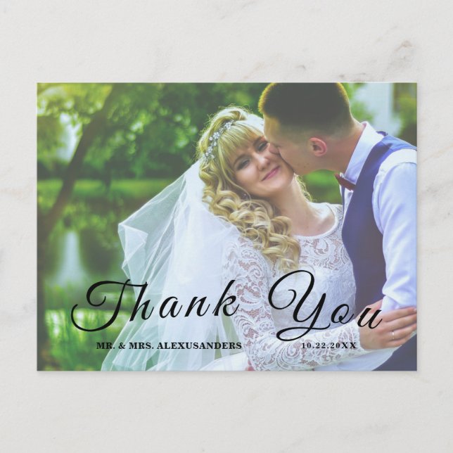 Simple Elegant Script Custom Photo Wedding Thank U Postcard (Front)