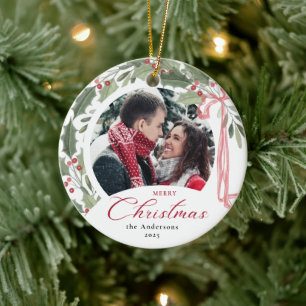 Simple Elegant Script Family Photo Merry Christmas Ceramic Ornament