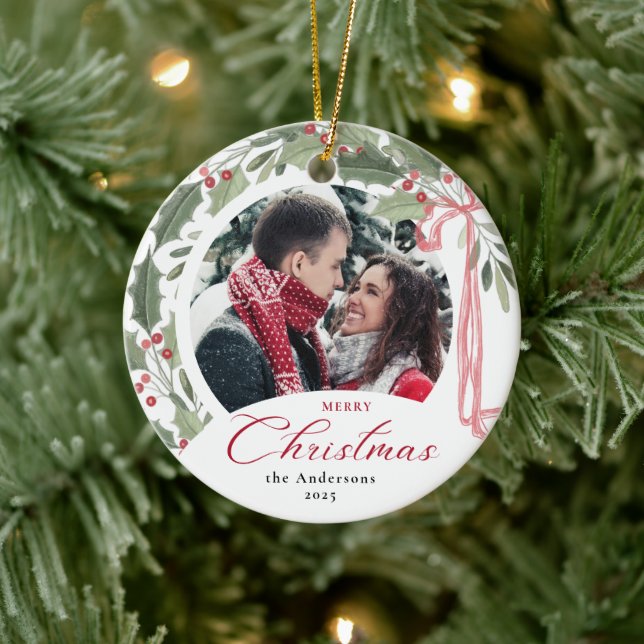 Simple Elegant Script Family Photo Merry Christmas Ceramic Ornament (Tree)