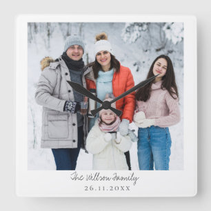 Simple Elegant Script Family Photo Square Wall Clock