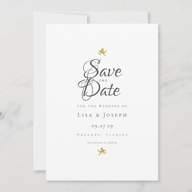 Simple Elegant Script Gold Cupids Save the Date Invitation (Front)