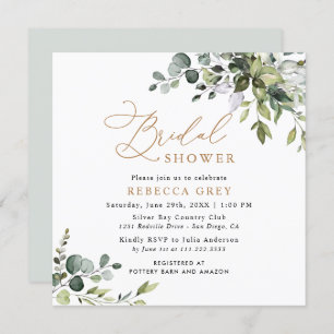 Simple Elegant Script Gold Greenery Bridal Shower Invitation
