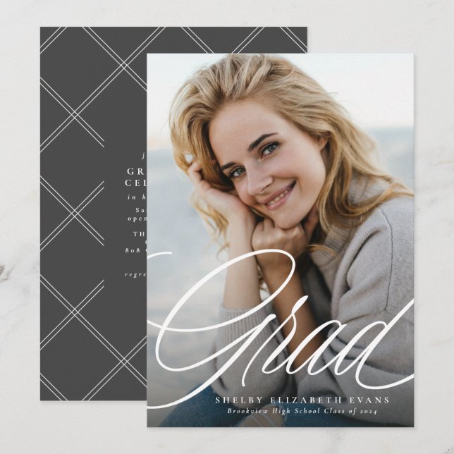 Simple elegant script grad one photo graduation announcement (Front/Back)